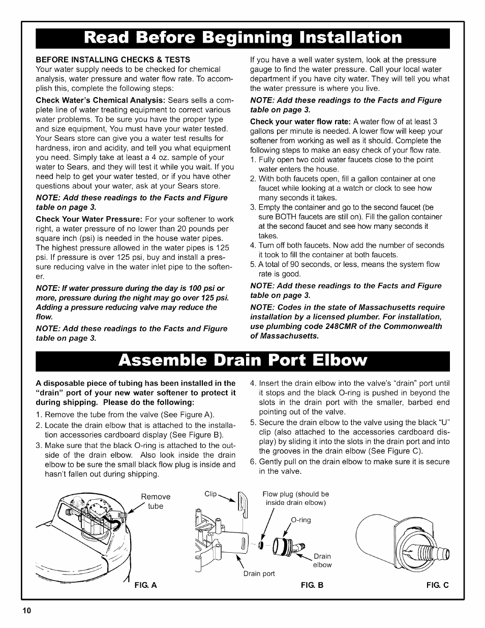 Read before beginning installation, Before installing checks & tests, Assemble | Port elbow, Assemble port elbow | Kenmore INTELLISOFT 625.38376 User Manual | Page 10 / 48