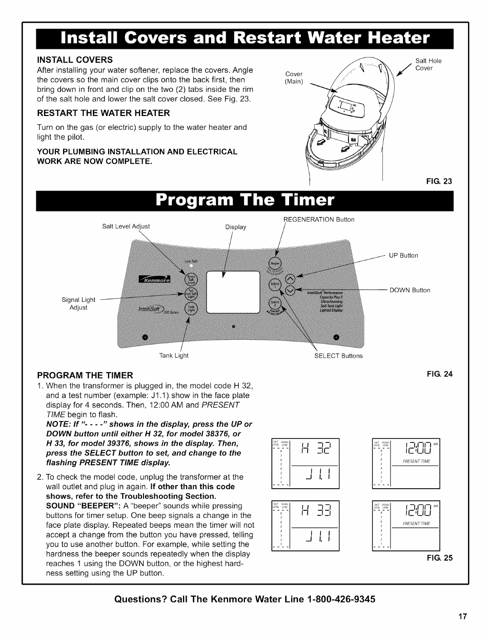 Install covers and restart water heater, Install covers, Restart the water heater | Program the timer, Fig. 24, Fig. 25 | Kenmore INTELLISOFT 625.38376 User Manual | Page 17 / 48