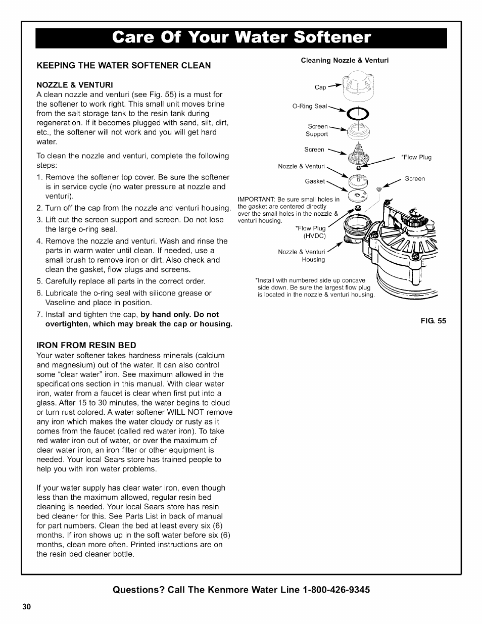 Keeping the w/vter softener clean, Nozzle & venturi, Iron from resin bed | Care of your water softener | Kenmore INTELLISOFT 625.38376 User Manual | Page 30 / 48