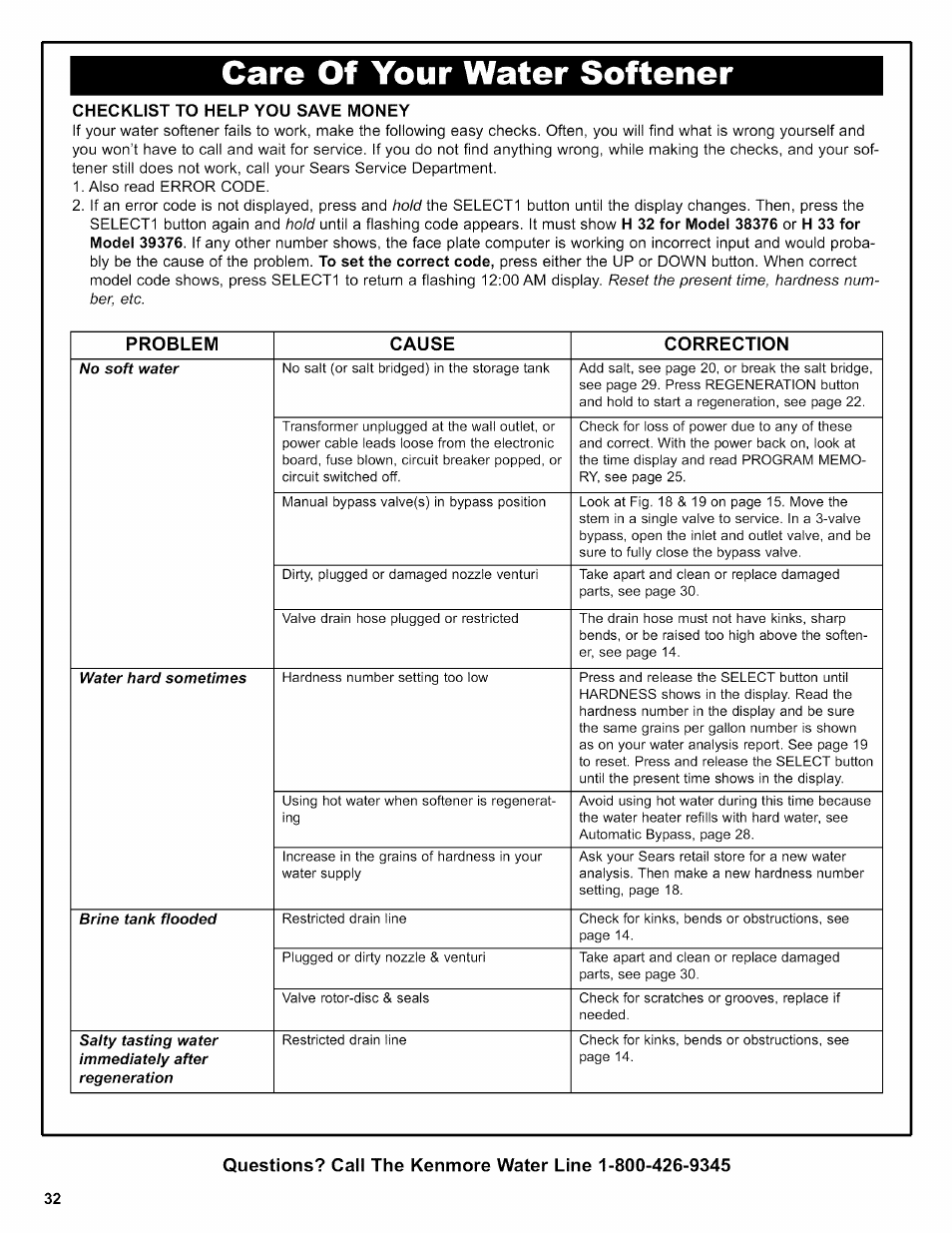 Checklist to help you save money, Care of your water softener | Kenmore INTELLISOFT 625.38376 User Manual | Page 32 / 48