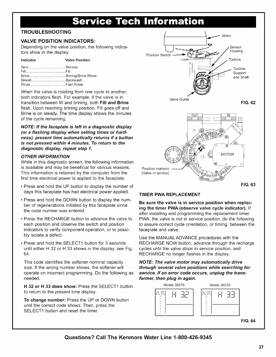 Troubleshooting, Valve position indicators, Timer pwa replacement | Fig. 64, Service tech information | Kenmore INTELLISOFT 625.38376 User Manual | Page 37 / 48