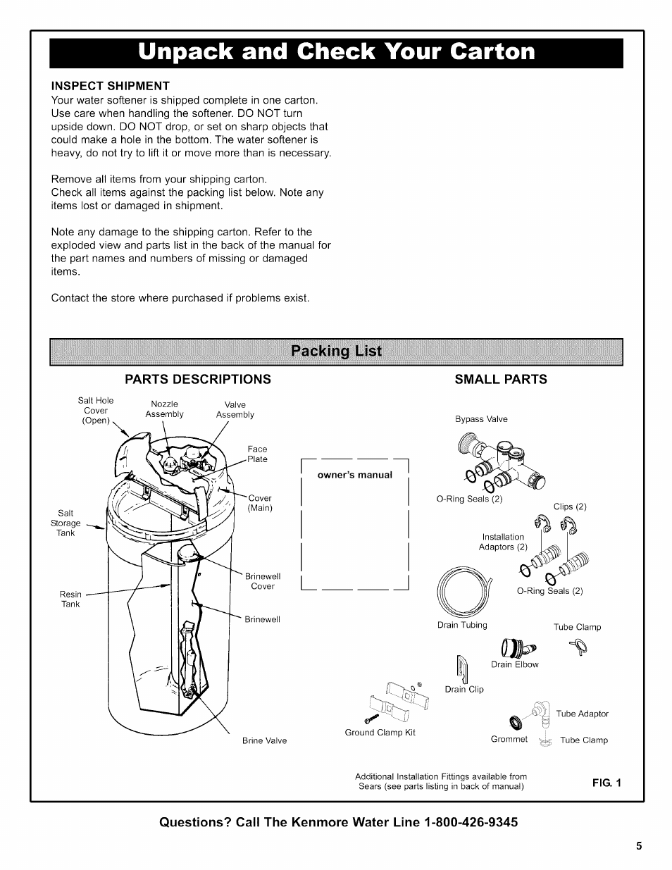 Unpack and check your carton, Inspect shipment, Parts descriptions | Packing list | Kenmore INTELLISOFT 625.38376 User Manual | Page 5 / 48