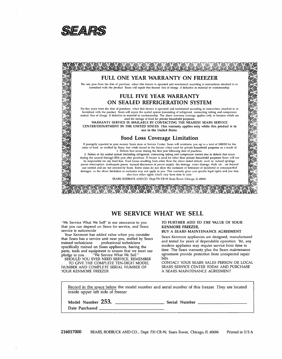 We service what we sell, Full one year warranty on freezer, Food loss coverage limitation | Kenmore 20938 User Manual | Page 8 / 8