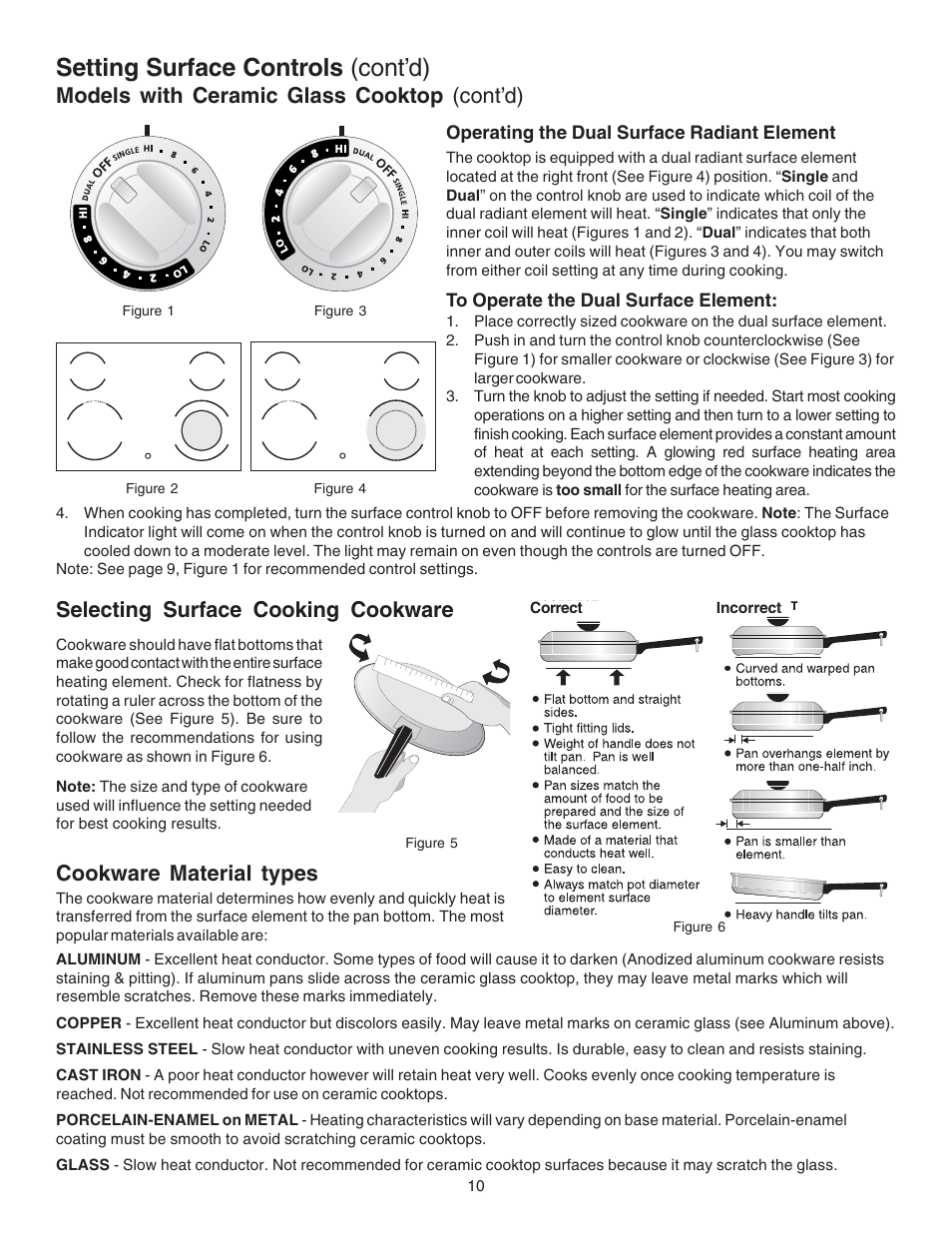 Setting surface controls (cont’d), Selecting surface cooking cookware, Models with ceramic glass cooktop (cont’d) | Cookware material types | Kenmore 790.4658 User Manual | Page 10 / 28