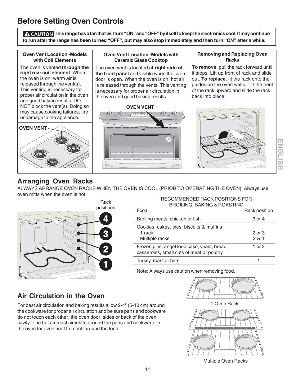 Before setting oven controls, English, Air circulation in the oven | Arranging oven racks | Kenmore 790.4658 User Manual | Page 11 / 28