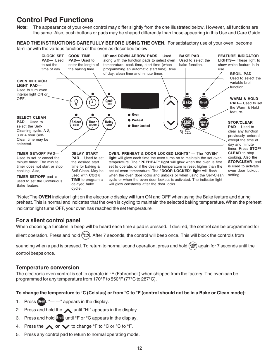 Control pad functions, For a silent control panel, Temperature conversion | Kenmore 790.4658 User Manual | Page 12 / 28