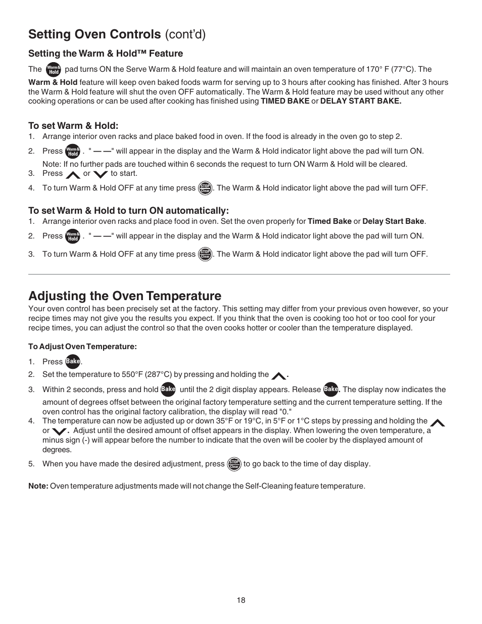 Setting oven controls (cont’d), Adjusting the oven temperature, Setting the warm & hold™ feature | Kenmore 790.4658 User Manual | Page 18 / 28