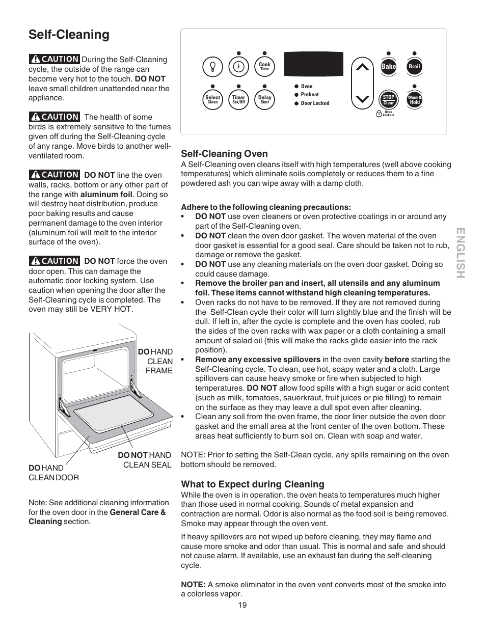 Self-cleaning, English, Self-cleaning oven | What to expect during cleaning | Kenmore 790.4658 User Manual | Page 19 / 28