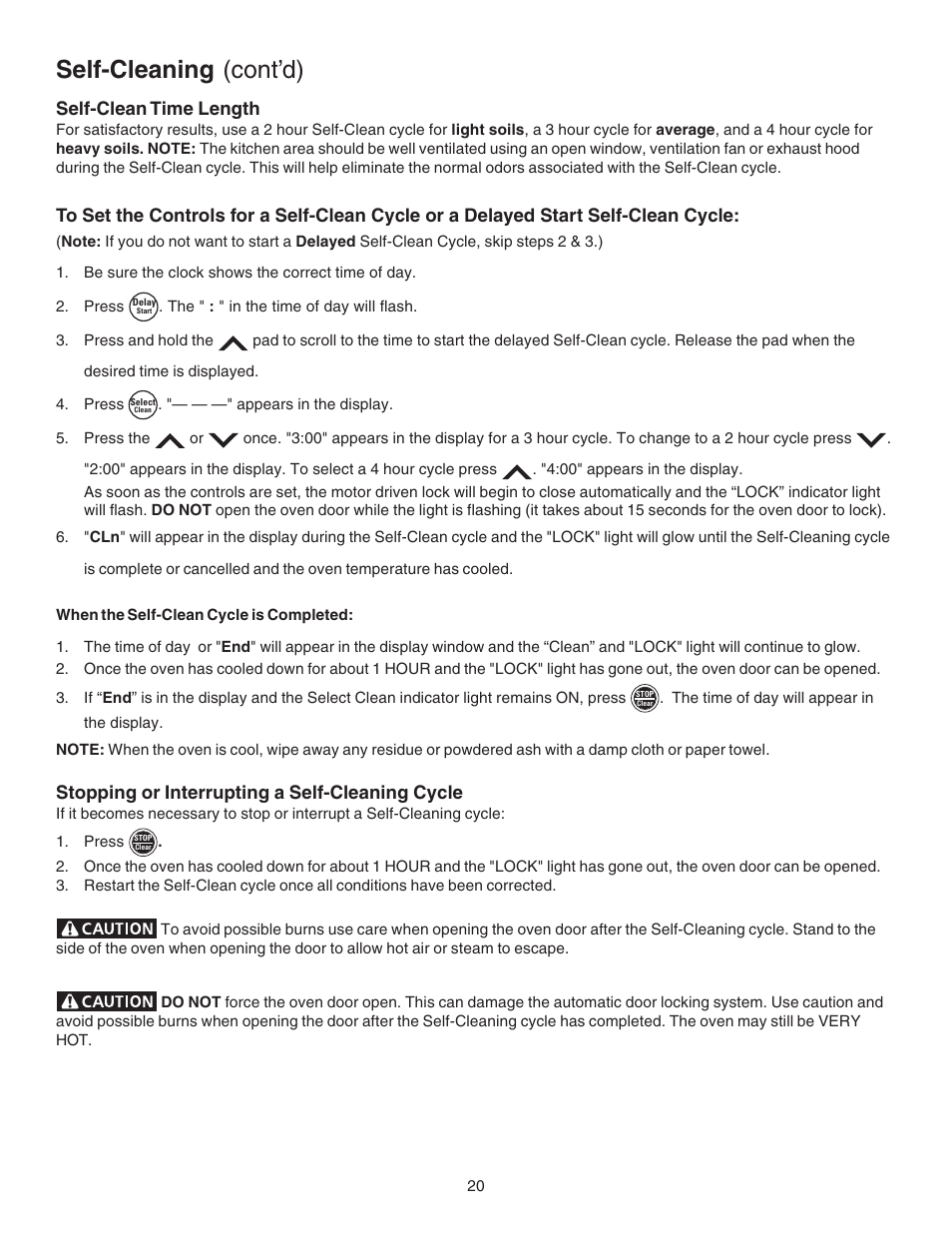 Self-cleaning (cont’d), Self-clean time length, Stopping or interrupting a self-cleaning cycle | Kenmore 790.4658 User Manual | Page 20 / 28