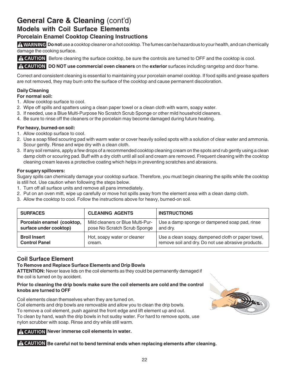 General care & cleaning (cont’d), Models with coil surface elements | Kenmore 790.4658 User Manual | Page 22 / 28