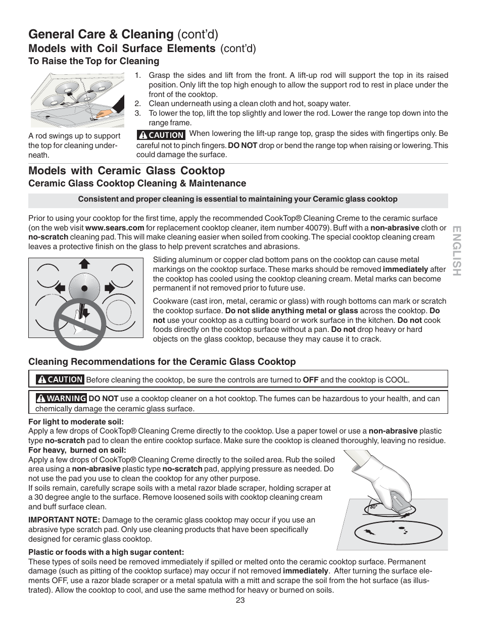 General care & cleaning (cont’d), English, Models with coil surface elements (cont’d) | Models with ceramic glass cooktop | Kenmore 790.4658 User Manual | Page 23 / 28