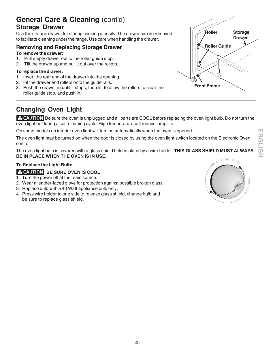 General care & cleaning (cont’d), English, Storage drawer | Changing oven light | Kenmore 790.4658 User Manual | Page 25 / 28