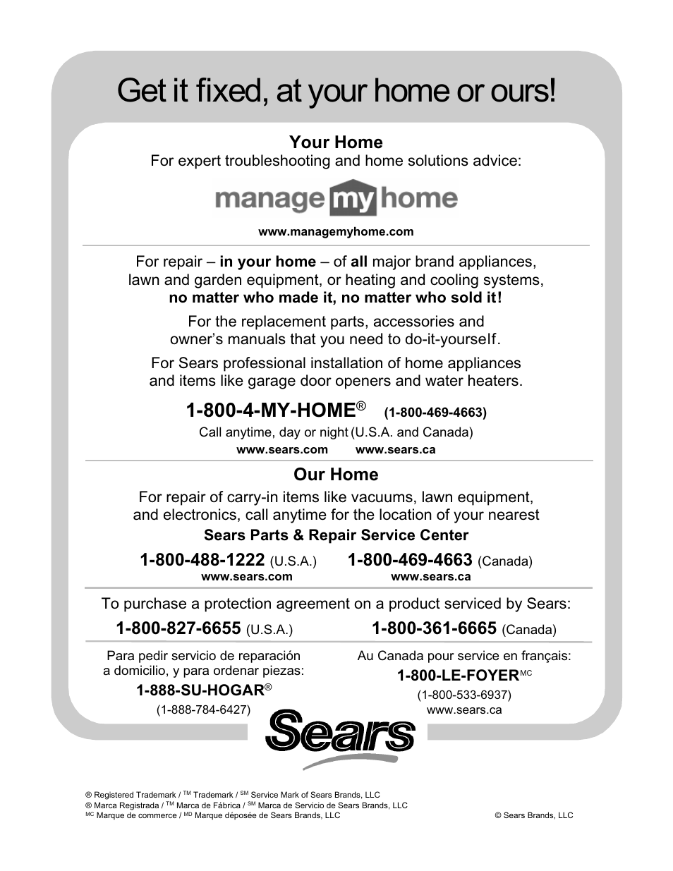 Get it fixed, at your home or ours, 800-4-my-home, Your home | Our home | Kenmore 790.4658 User Manual | Page 28 / 28