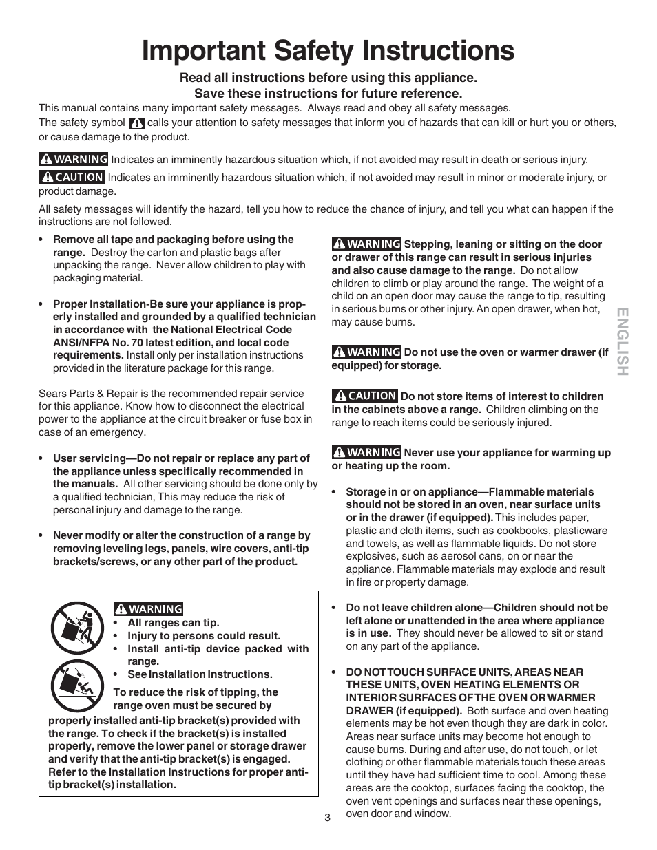 Important safety instructions, English | Kenmore 790.4658 User Manual | Page 3 / 28