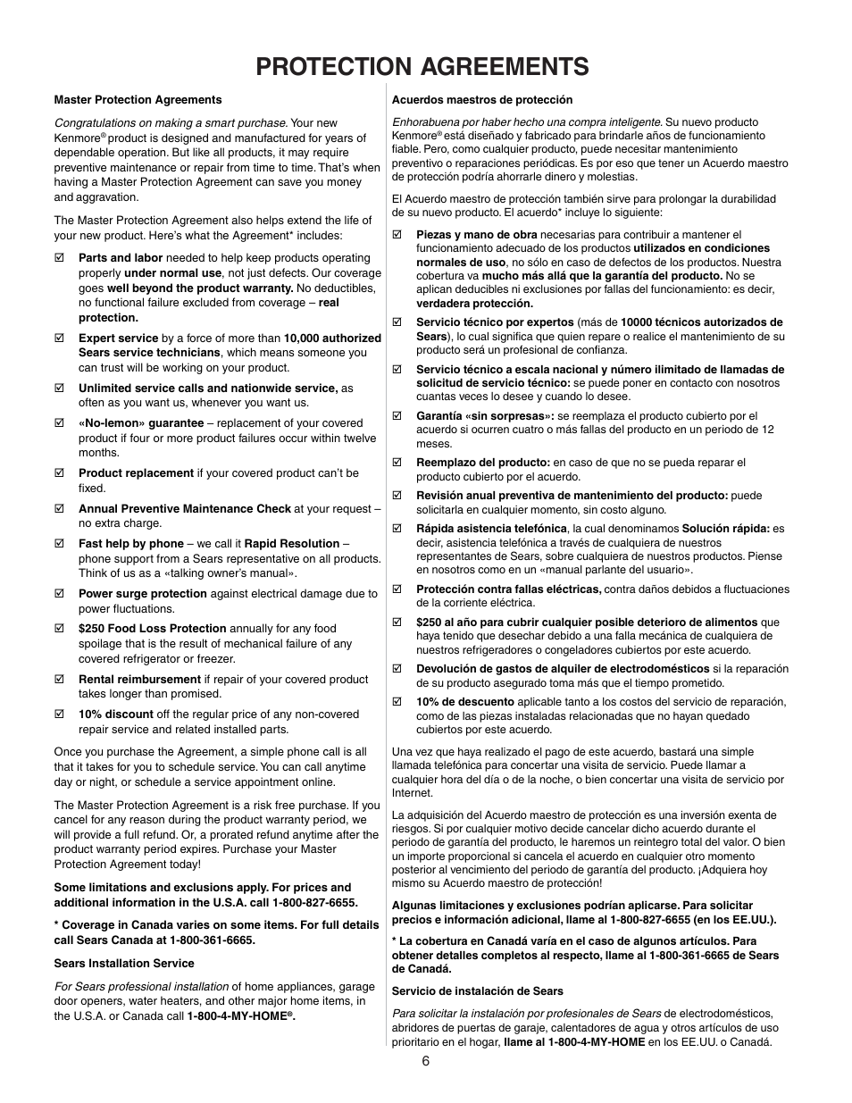 Protection agreements | Kenmore 790.4658 User Manual | Page 6 / 28