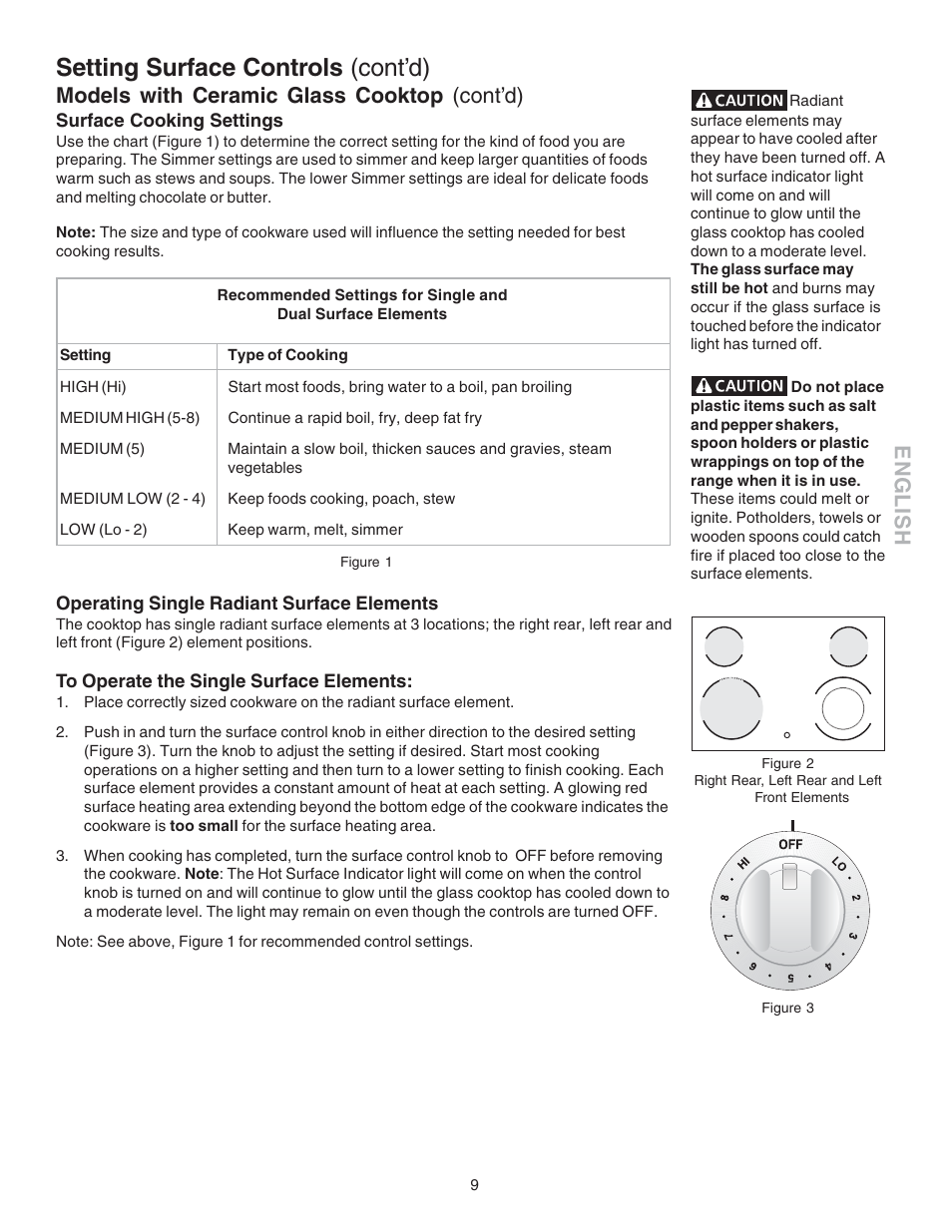 Setting surface controls (cont’d), English, Models with ceramic glass cooktop (cont’d) | Kenmore 790.4658 User Manual | Page 9 / 28