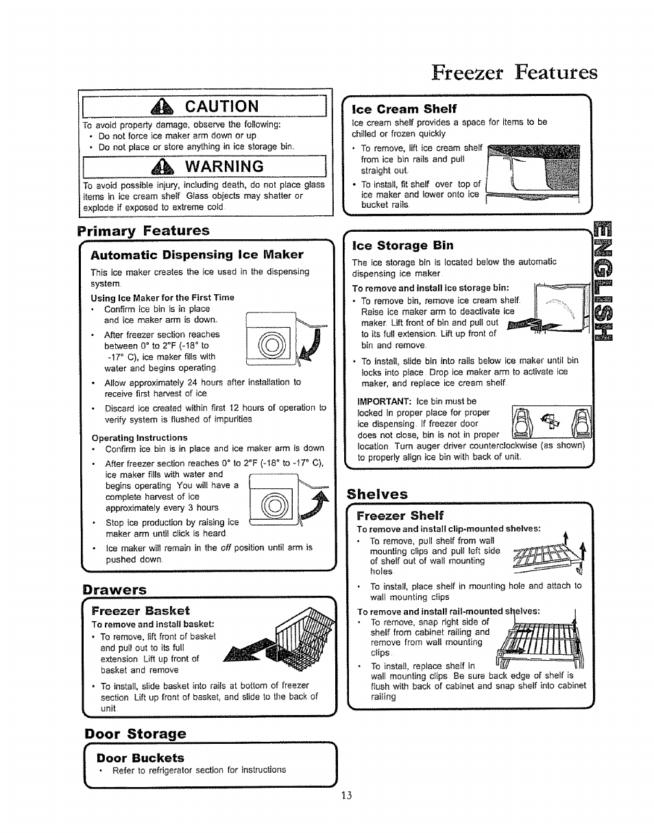 Primary features, Automatic dispensing icte rfliaicer, Drawers | Freezer basket, Poor storage, Door buckets, Ice storage bin, Shelves, Freezer shelf, Primary features drawers door storage | Kenmore 596.50003100 User Manual | Page 13 / 77