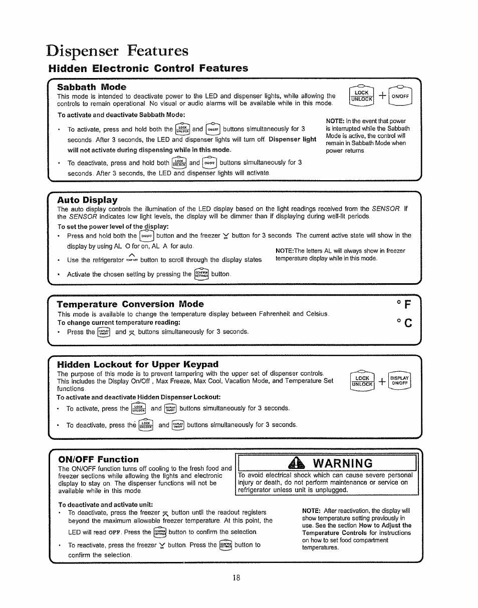 Sabbath mode, Temperature cotiversiori mode, Hideien lockout for upper keypad | On/off function, A warning, Dispensef features, Hidden electronic control features, Auto display | Kenmore 596.50003100 User Manual | Page 18 / 77