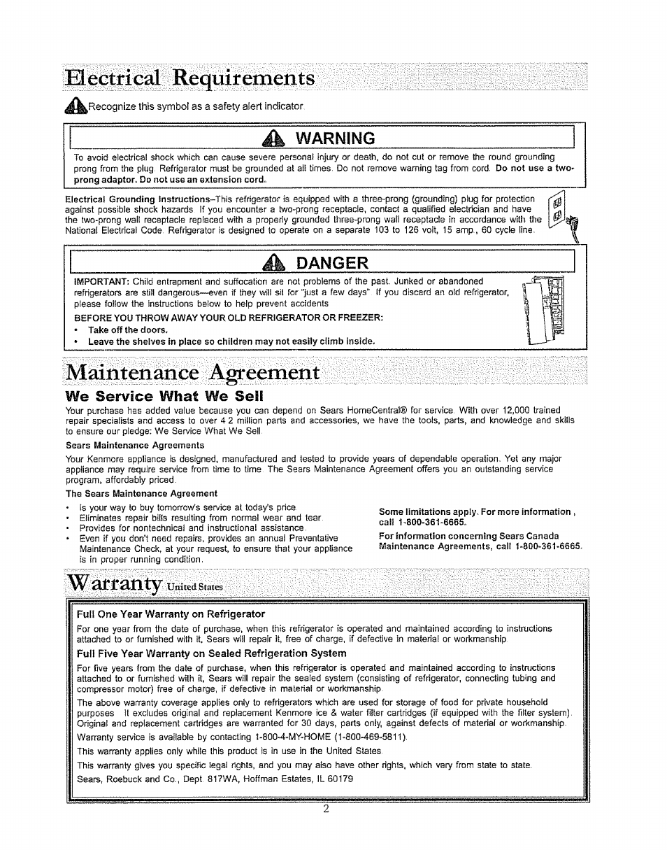 Electrical requirements, Maintenance agreement, We service what we sell | Warranty | Kenmore 596.50003100 User Manual | Page 2 / 77