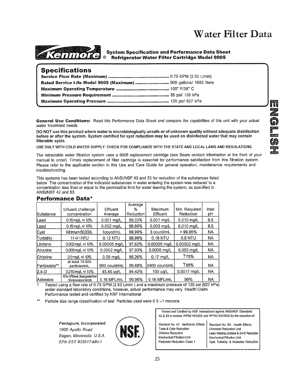 Water filter data, Specifications, Performance data | Kenmore 596.50003100 User Manual | Page 25 / 77