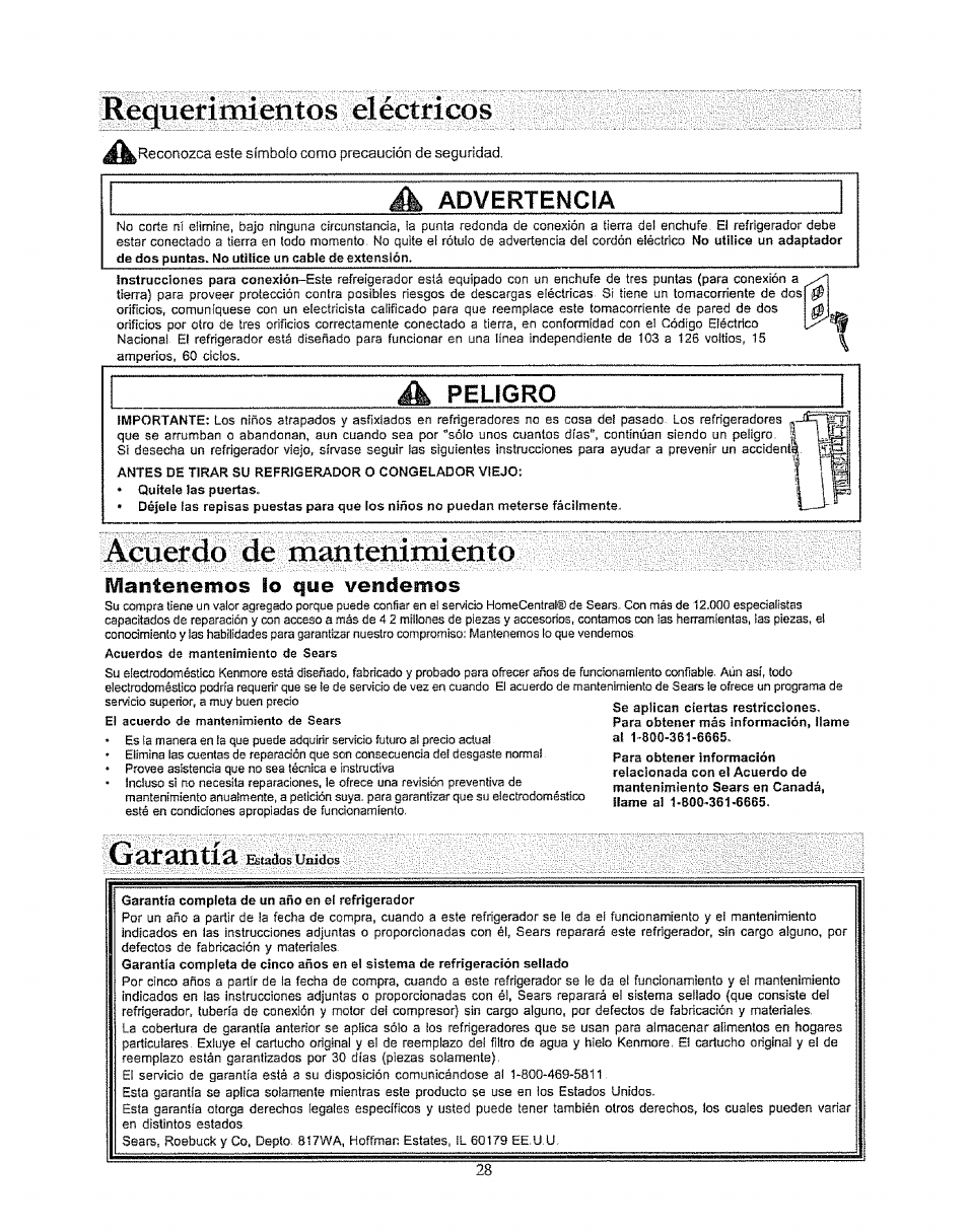 Requefimientos eléctricos, Peligro, Acuerdo de mantenimiento | Mantenemos lo que vendemos, Garantía, Advertencia | Kenmore 596.50003100 User Manual | Page 28 / 77