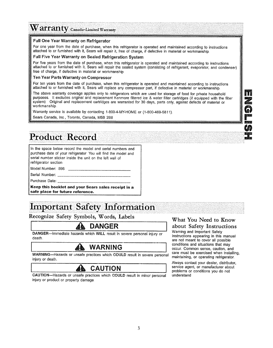 Product record, Important safety information, Warning | À caution, Eproduct record, W af fatity, Danger, Recognize safety symbols, words, labels, What you need to know about safety instructions | Kenmore 596.50003100 User Manual | Page 3 / 77