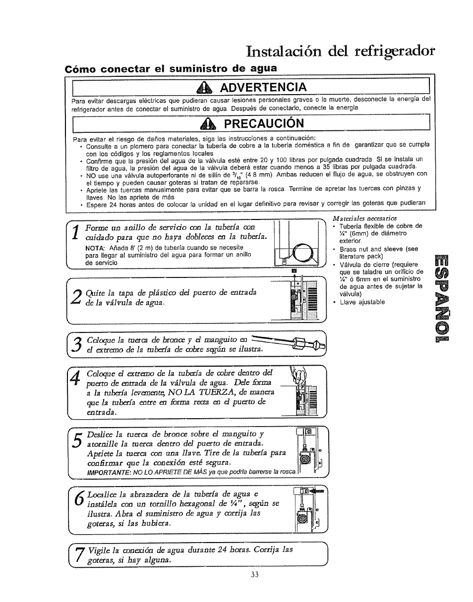 Bistaladón del tefrigerador, Cómo conectar el suministro de agua, Instalación def refrigerador | A advertencia, Precaución | Kenmore 596.50003100 User Manual | Page 33 / 77
