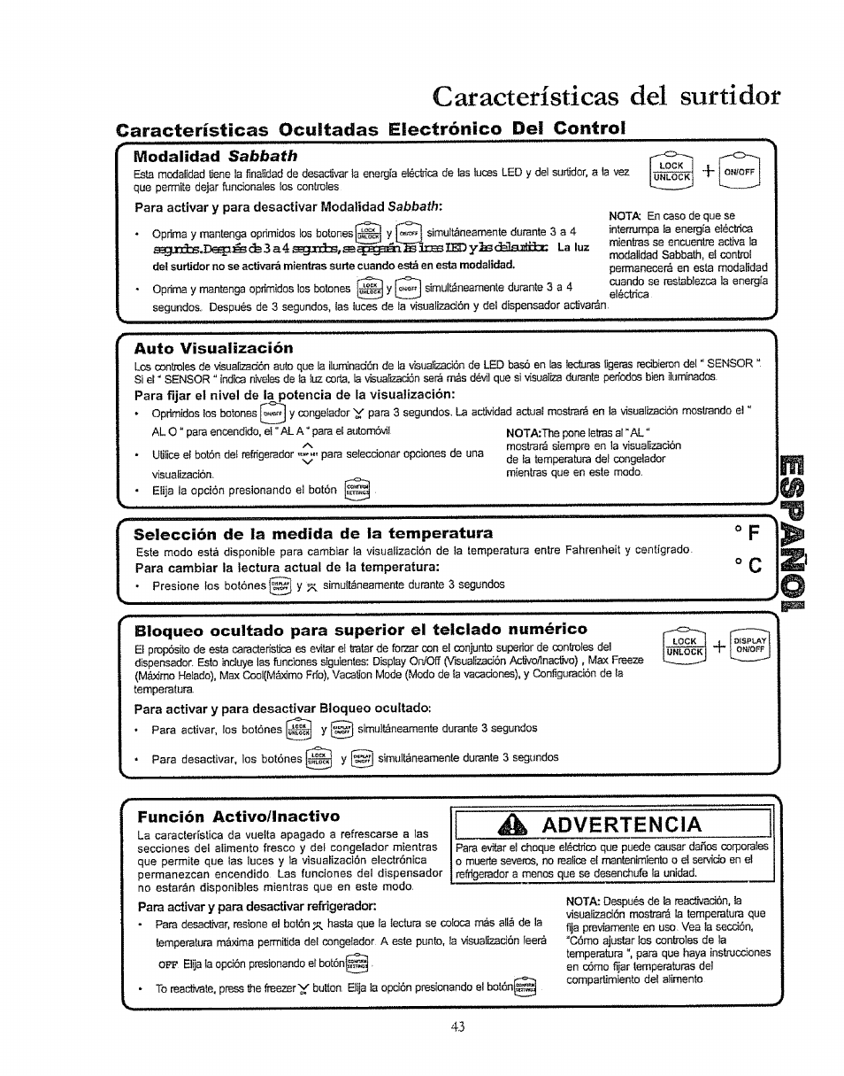 Características ocultadlas electrónico del control, Modlalidafl sabbath, Auto visusilizacióti | Selección de la medida de la temperatura, Función activo/lnactivo, Advertencia, Características del surtidor, Modlalidafl | Kenmore 596.50003100 User Manual | Page 43 / 77