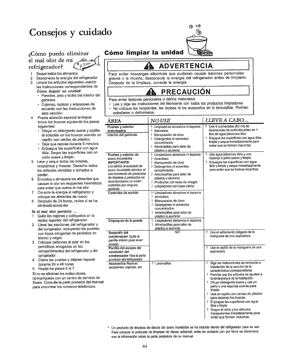 Cómo limpiar la yaldad, Advertencia, Cómo limpiar la unidad | Consejos у cuidado, Precaucion | Kenmore 596.50003100 User Manual | Page 44 / 77