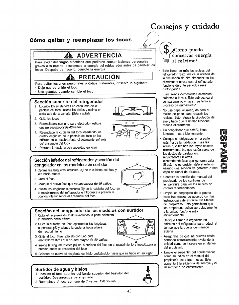 Consejos y cuidado, Sección superior del refrigerador, Sección de! congelador de los modelos con surtidor | Surtidor de agua y hielos | Kenmore 596.50003100 User Manual | Page 45 / 77