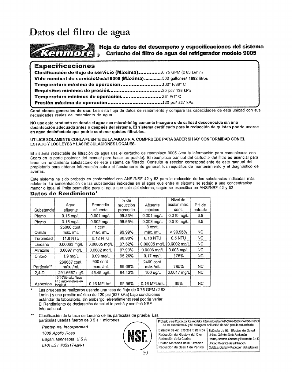 Datos del filtro de agua, Especificaciones, Datos de rendimiento | Dalos del filtro de agua | Kenmore 596.50003100 User Manual | Page 50 / 77