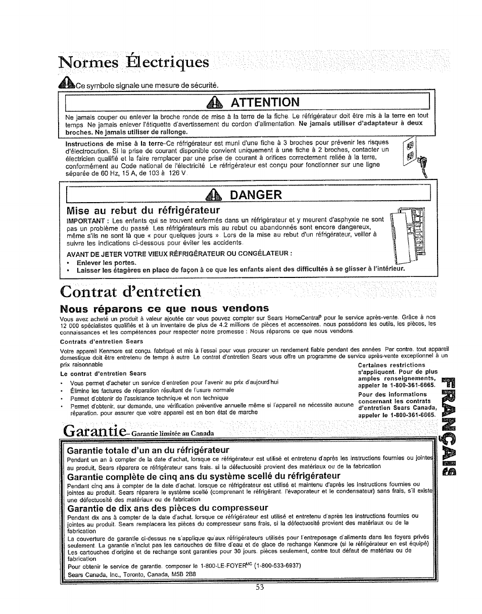 A attention, Î^ipf mes electriques, Contrat entretien | Garantie, Danger, Mise au rebut du réfrigérateur, Filoys réparons ce c|we noys vendons | Kenmore 596.50003100 User Manual | Page 53 / 77