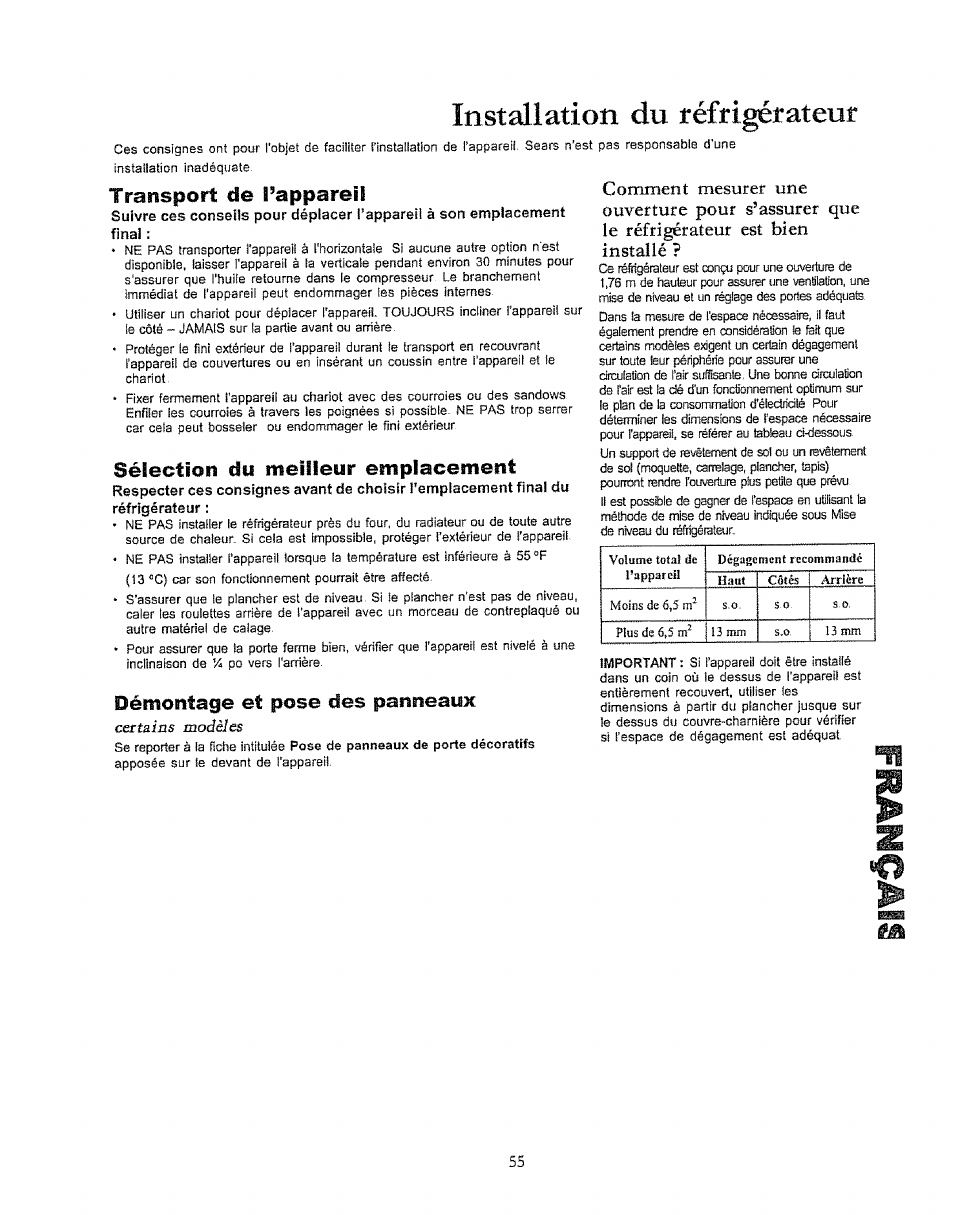 Transport de l’appareil, Sélection du meilleur emplacement, Démontage et pose des panneaux | Transport de l'appareil, Installation du féfrigéfateuf | Kenmore 596.50003100 User Manual | Page 55 / 77