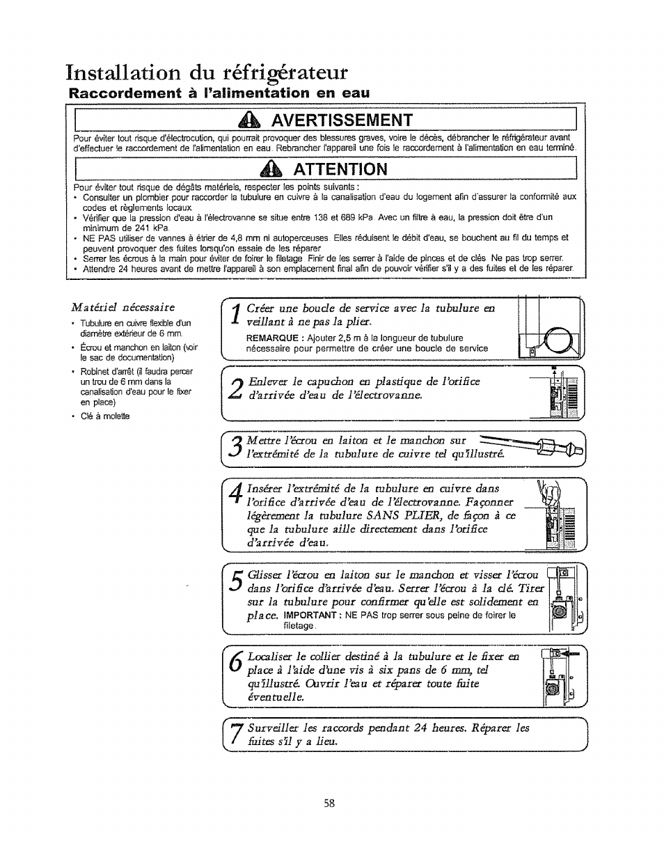 Installation du téffigétateut, Raccordement à palimentation en eay, Avertissement | A attention, Raccordement à palimentation en eay avertissement | Kenmore 596.50003100 User Manual | Page 58 / 77