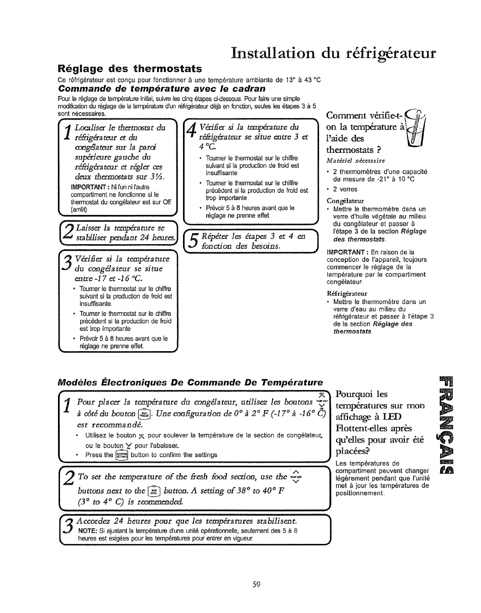 Réglage des thermostats, Instahation du réfrigérateur, Pourquoi les temoératures sur mon atochage a | Commande de température avec le cadran, Modèles électroniques de commande de température | Kenmore 596.50003100 User Manual | Page 59 / 77