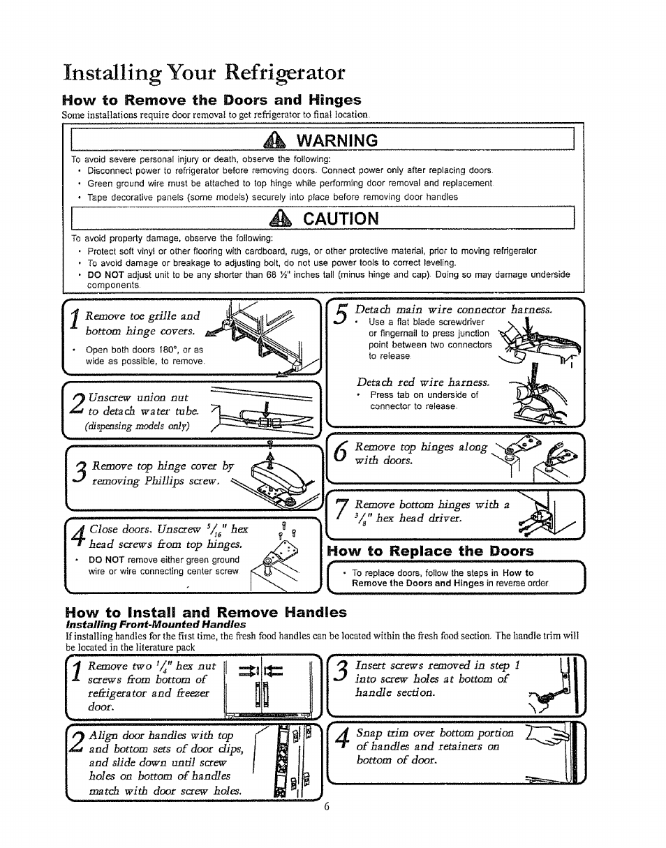 How to replace the doors, How to install and remove handles, Installing your refrigerator | Installing front-mounted handles, How to remove the doors and hinges | Kenmore 596.50003100 User Manual | Page 6 / 77