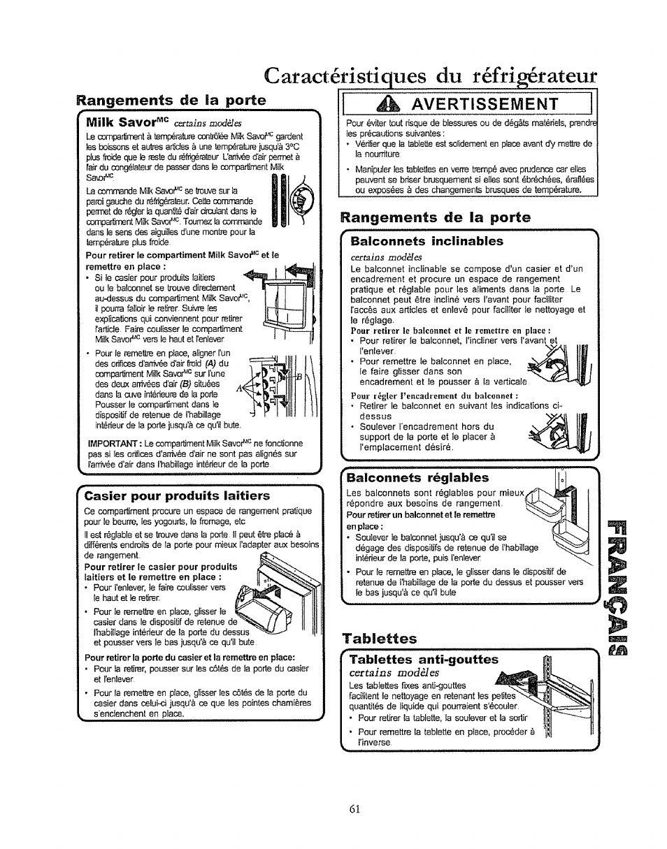 Rangements de la porte, Casier pour produits laitiers, Jg ■y i g g g ]yj g |y| y | Balconnets inclinables, Balconnets réglables, Tablettes, Tablettes anti-gouttes, Rangements de ta porte, Caractéfistiques du réfrigérateuf | Kenmore 596.50003100 User Manual | Page 61 / 77