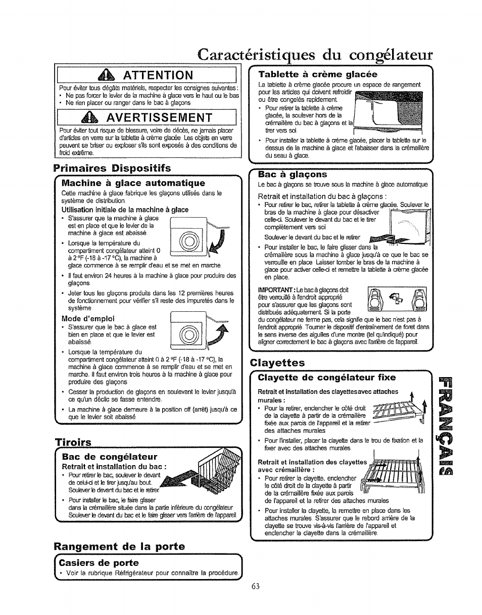 Caractéristiques du conœlateur, A avertissement, Primaires pîspositifs | Machine à glace automatique, Tiroirs, Bac de congélateur, Rangement de ia porte, Casiers de porte, Tablette à crème glacée, Bac à glaçons | Kenmore 596.50003100 User Manual | Page 63 / 77