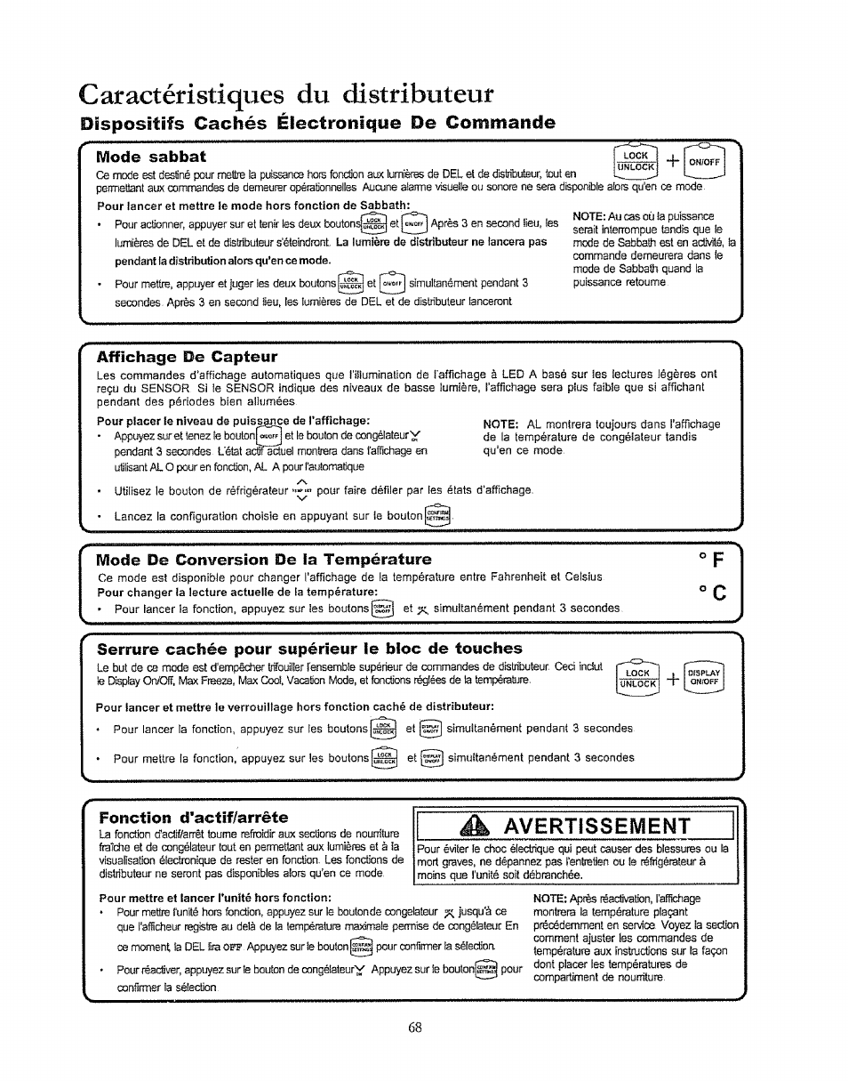 Mode sabbat, Affichage de capteur, Caractéristiques du distributeur | Kenmore 596.50003100 User Manual | Page 68 / 77