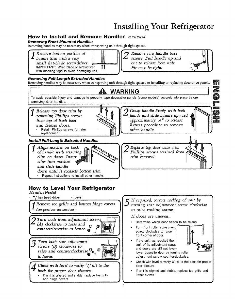 How to level your refrigerator, Installirig youf refrigerator, Removing front-mounted handles | Removing full-length extruded handles, How to install and remove handles | Kenmore 596.50003100 User Manual | Page 7 / 77