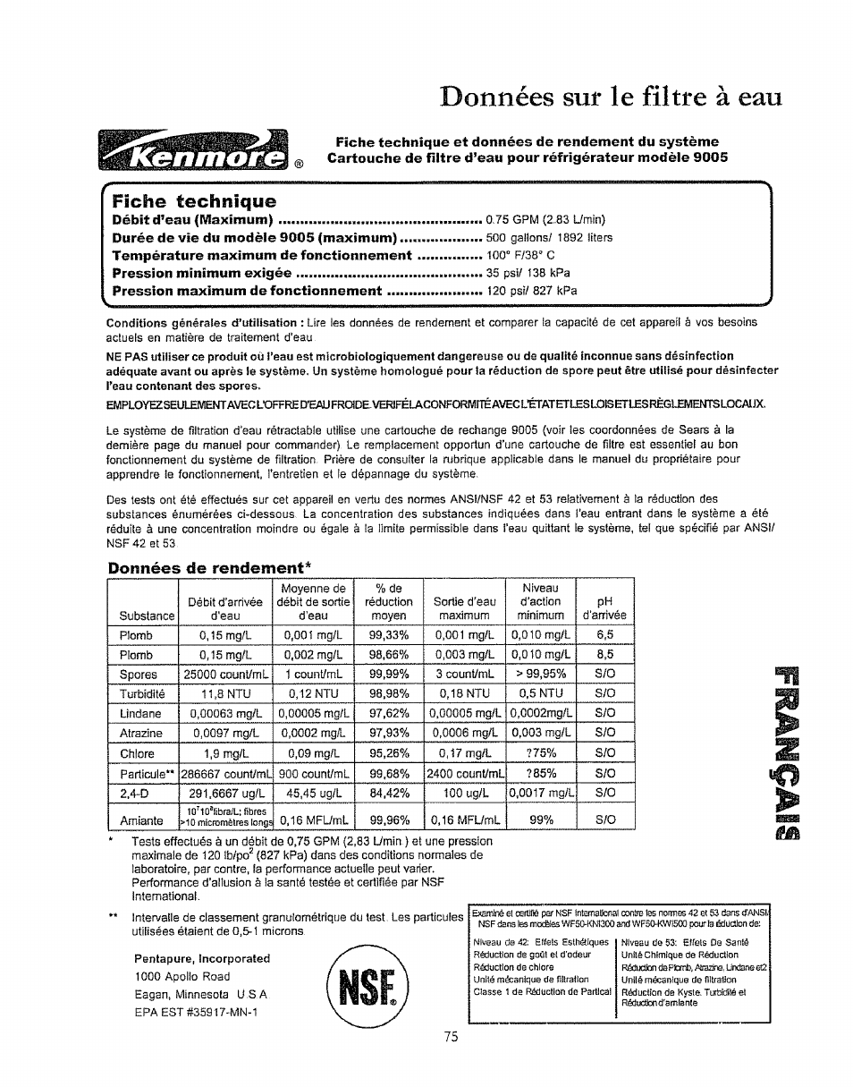Fiche technique, Données de rendement, Données | Le filtre à ean | Kenmore 596.50003100 User Manual | Page 75 / 77