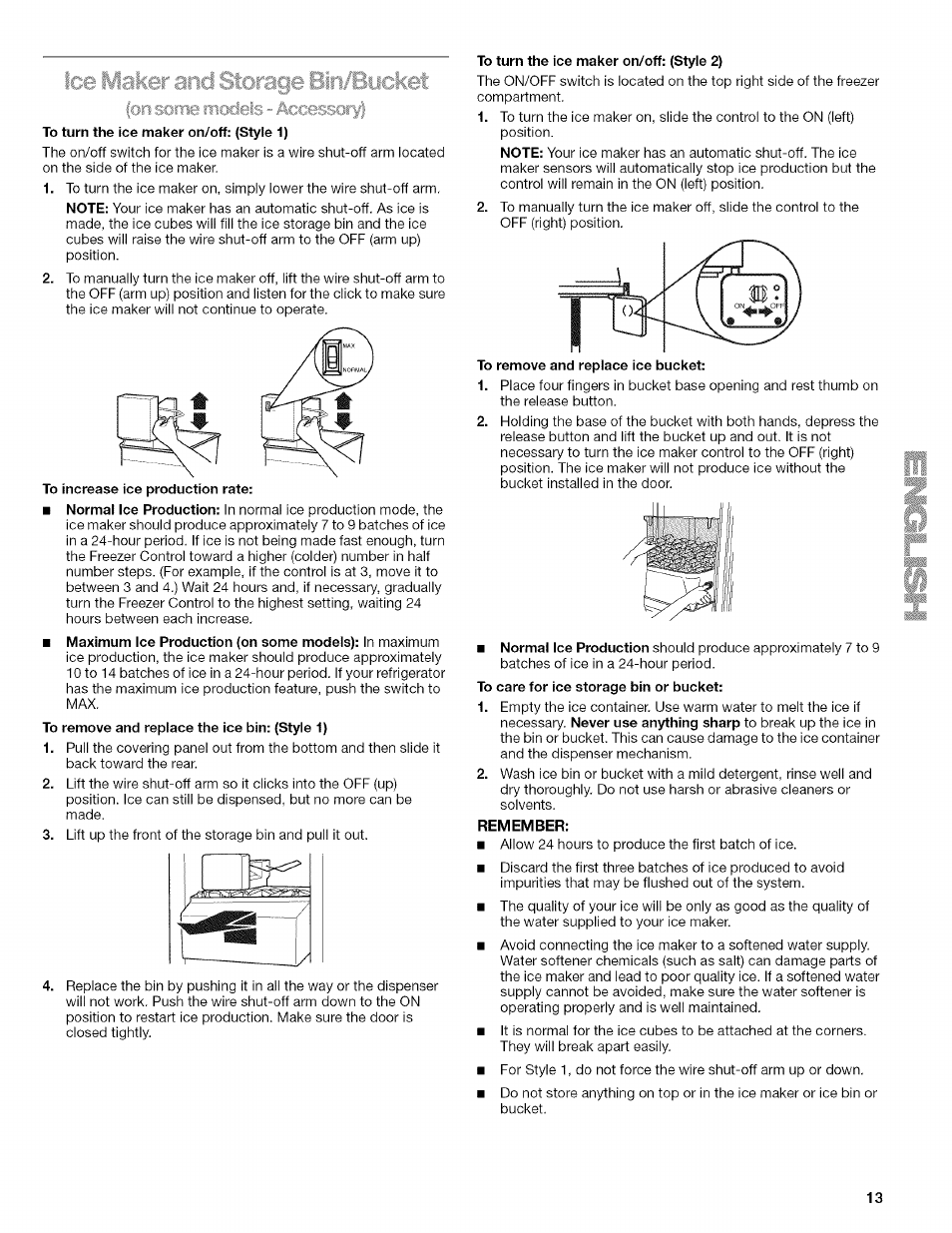 To turn the ice maker on/off: (styie 1), To turn the ice maker on/off: (style 2) | Kenmore 2205960 User Manual | Page 13 / 76