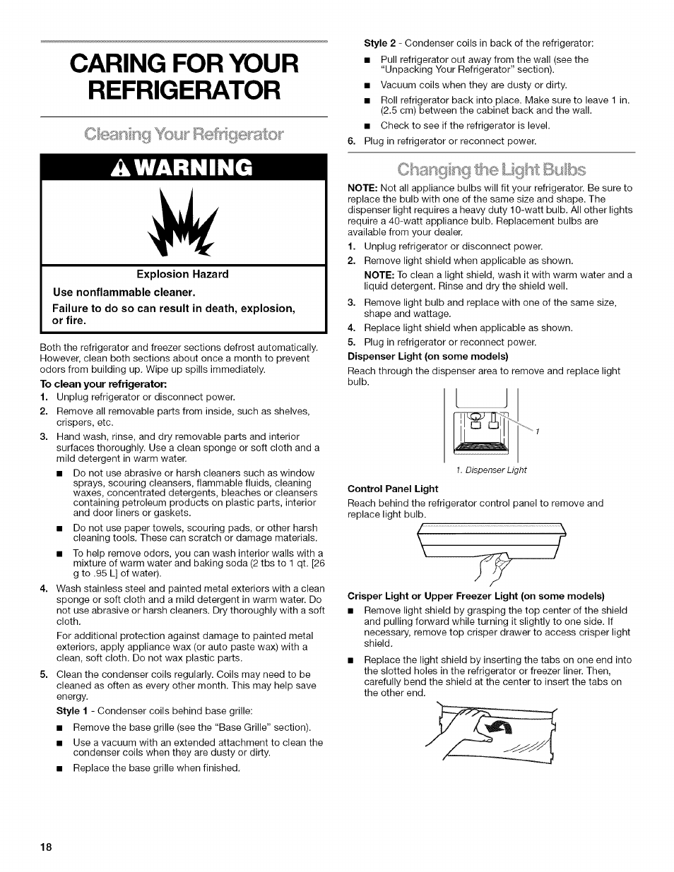 Awarning, Control panel light, Caring for your refrigerator | Kenmore 2205960 User Manual | Page 18 / 76