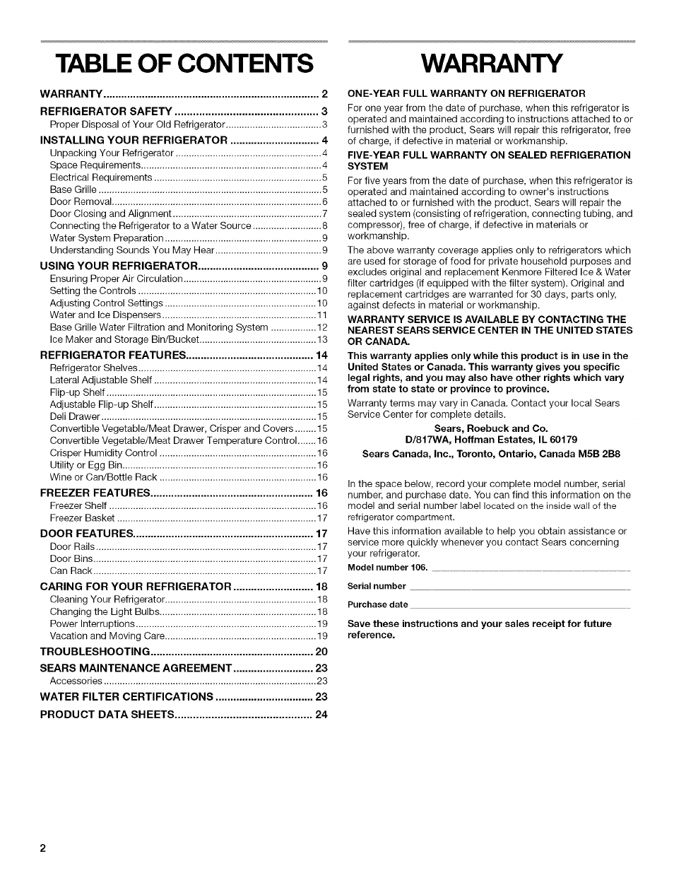 Table of contents warranty | Kenmore 2205960 User Manual | Page 2 / 76