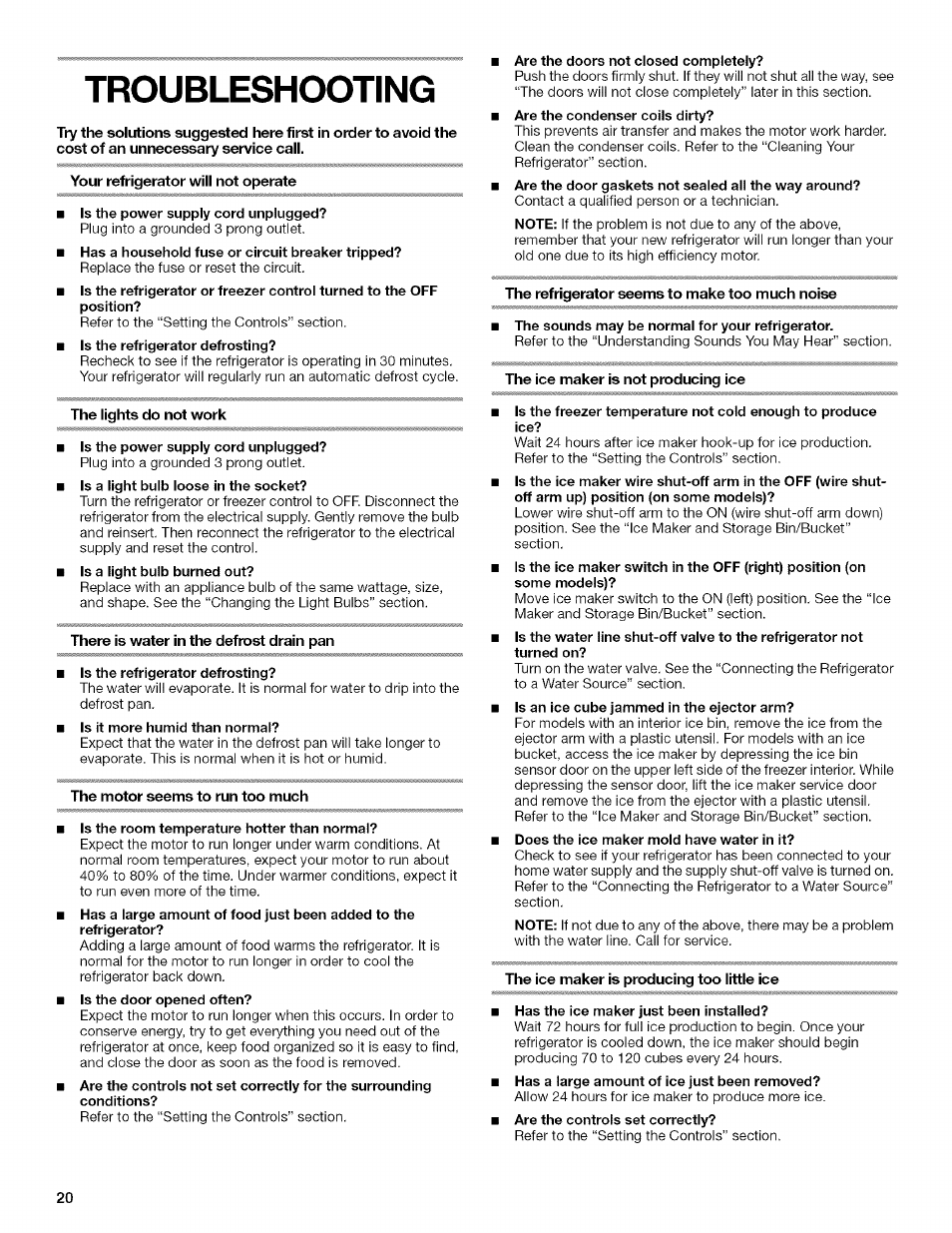 Your refrigerator will not operate, Is the power supply cord unplugged, The lights do not work | Is it more humid than normal, The motor seems to run too much, Is the room temperature hotter than normal, Are the doors not closed completely, The refrigerator seems to make too much noise, The sounds may be normal for your refrigerator, The ice maker is not producing ice | Kenmore 2205960 User Manual | Page 20 / 76
