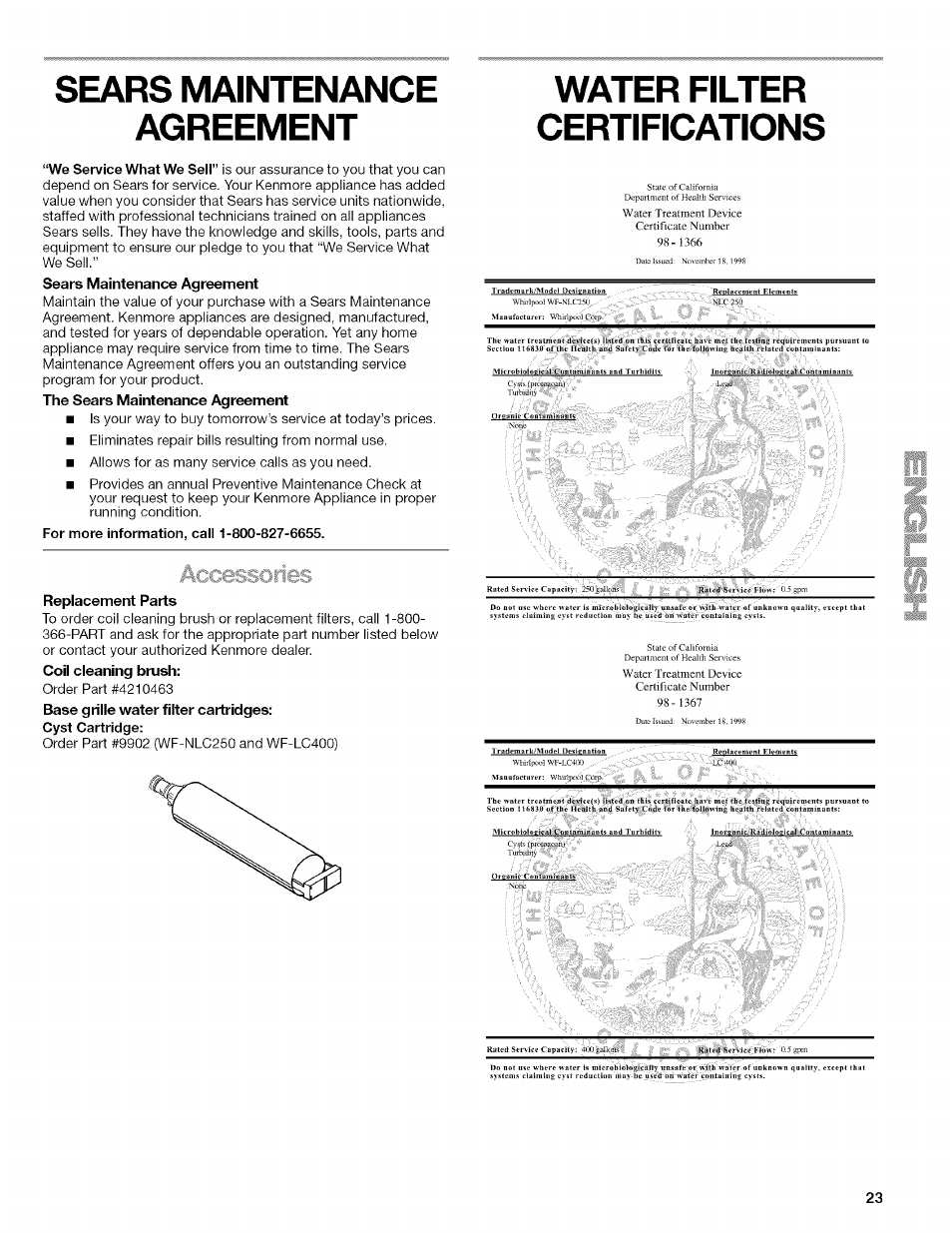 Replacement parts | Kenmore 2205960 User Manual | Page 23 / 76