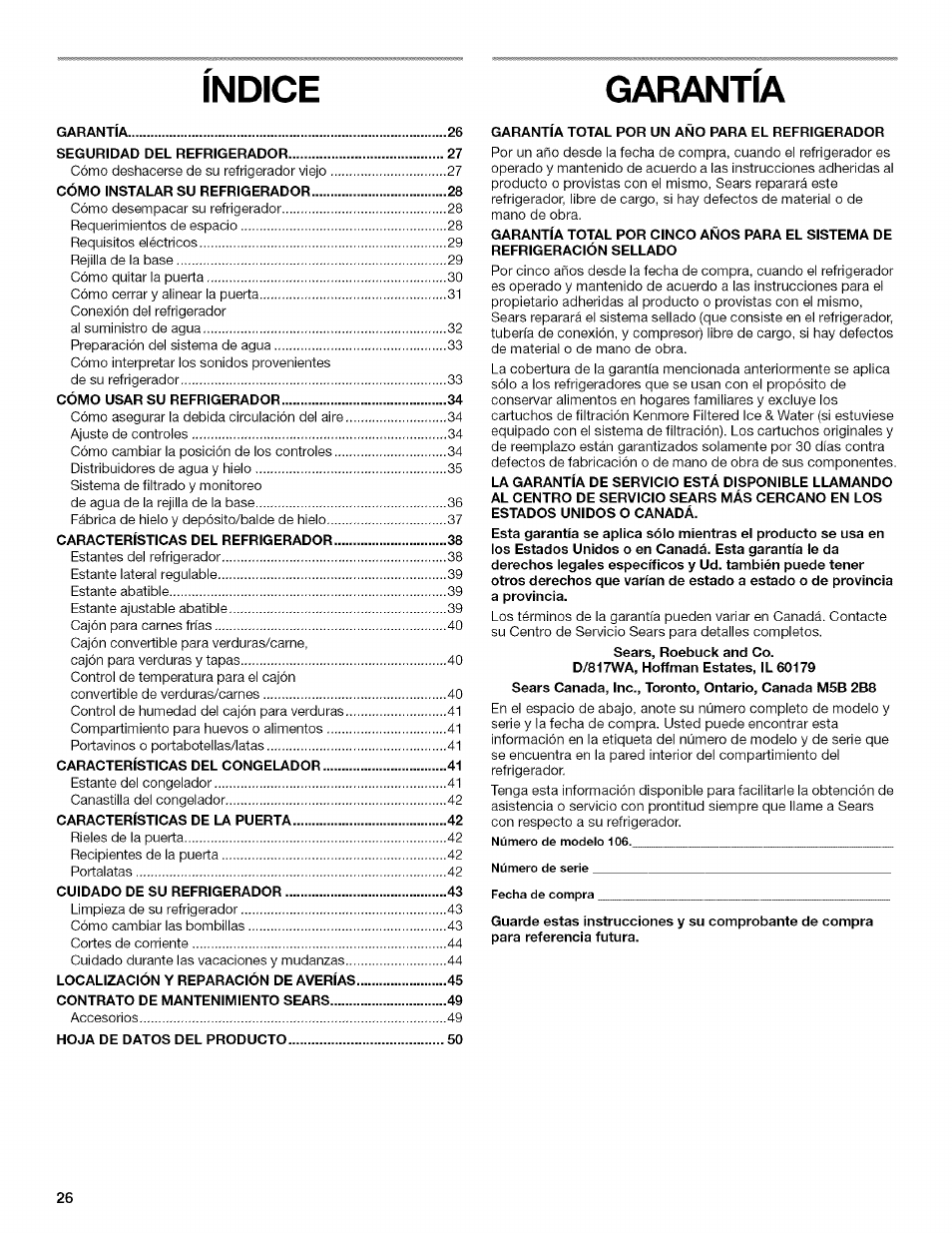 Indice garantia | Kenmore 2205960 User Manual | Page 26 / 76