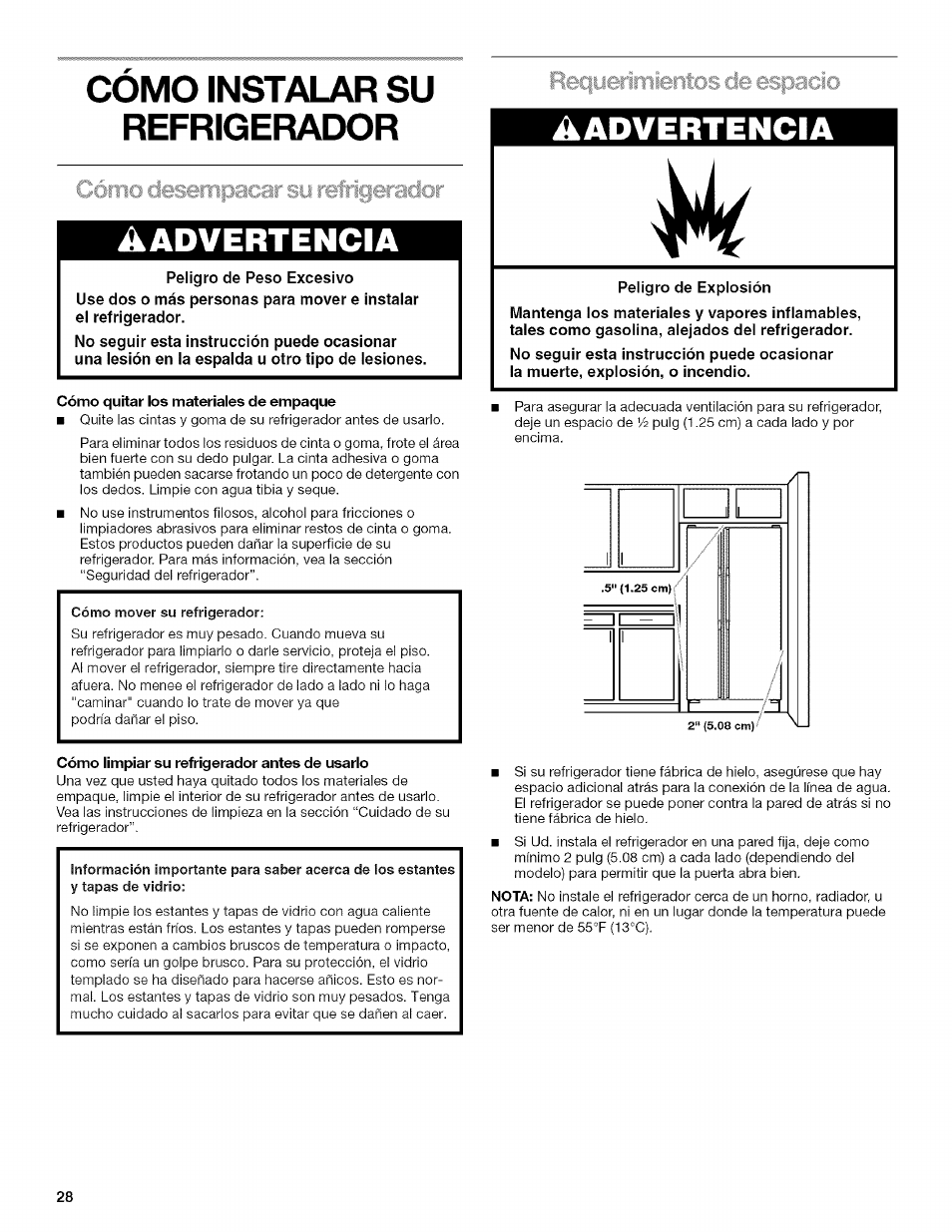 Cómo quitar los materiales de empaque, Âadvertencia, Advertencia | Como instalar su refrigerador, Ipacsísu iwfiigeíador, Rec|yerimientos de espacio | Kenmore 2205960 User Manual | Page 28 / 76