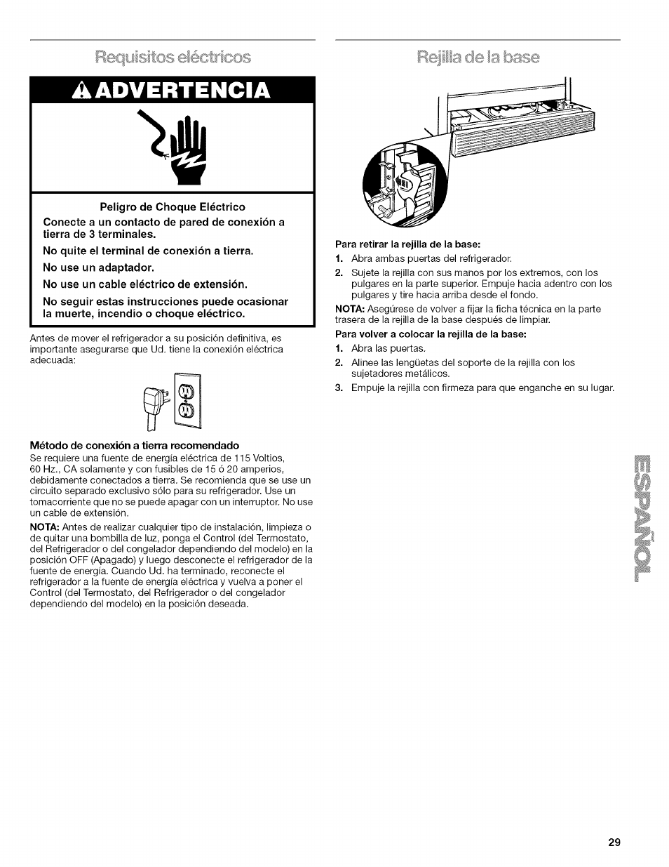 Para retirar la rejilla de la base, De agua de la rejilla de la base, Advertencia | Ree ■ ■■ ■: ■ ■■■■r' ■ ■ ■ rejilla, La bas | Kenmore 2205960 User Manual | Page 29 / 76