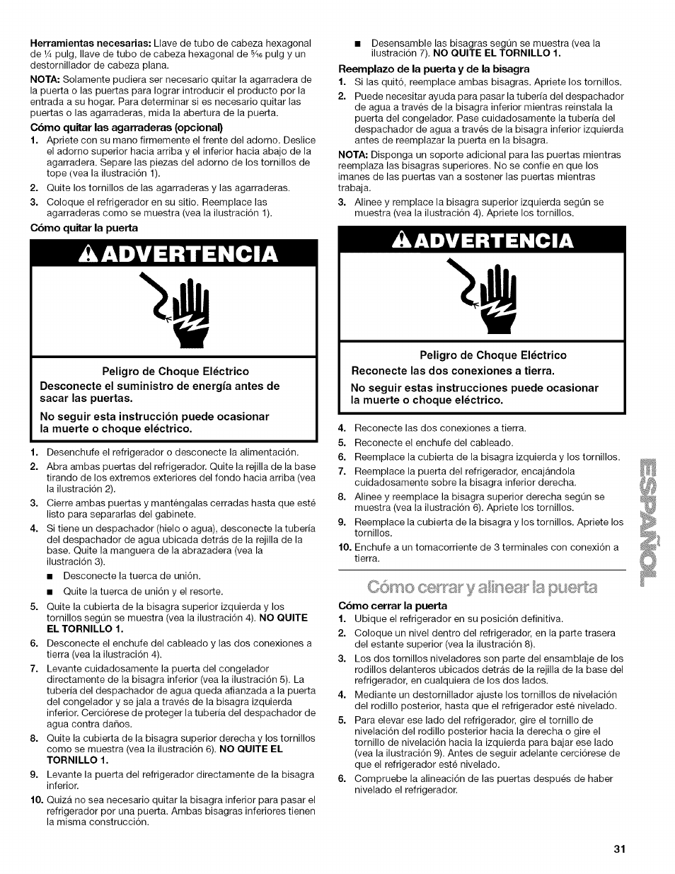 A advertencia, Advertencia | Kenmore 2205960 User Manual | Page 31 / 76